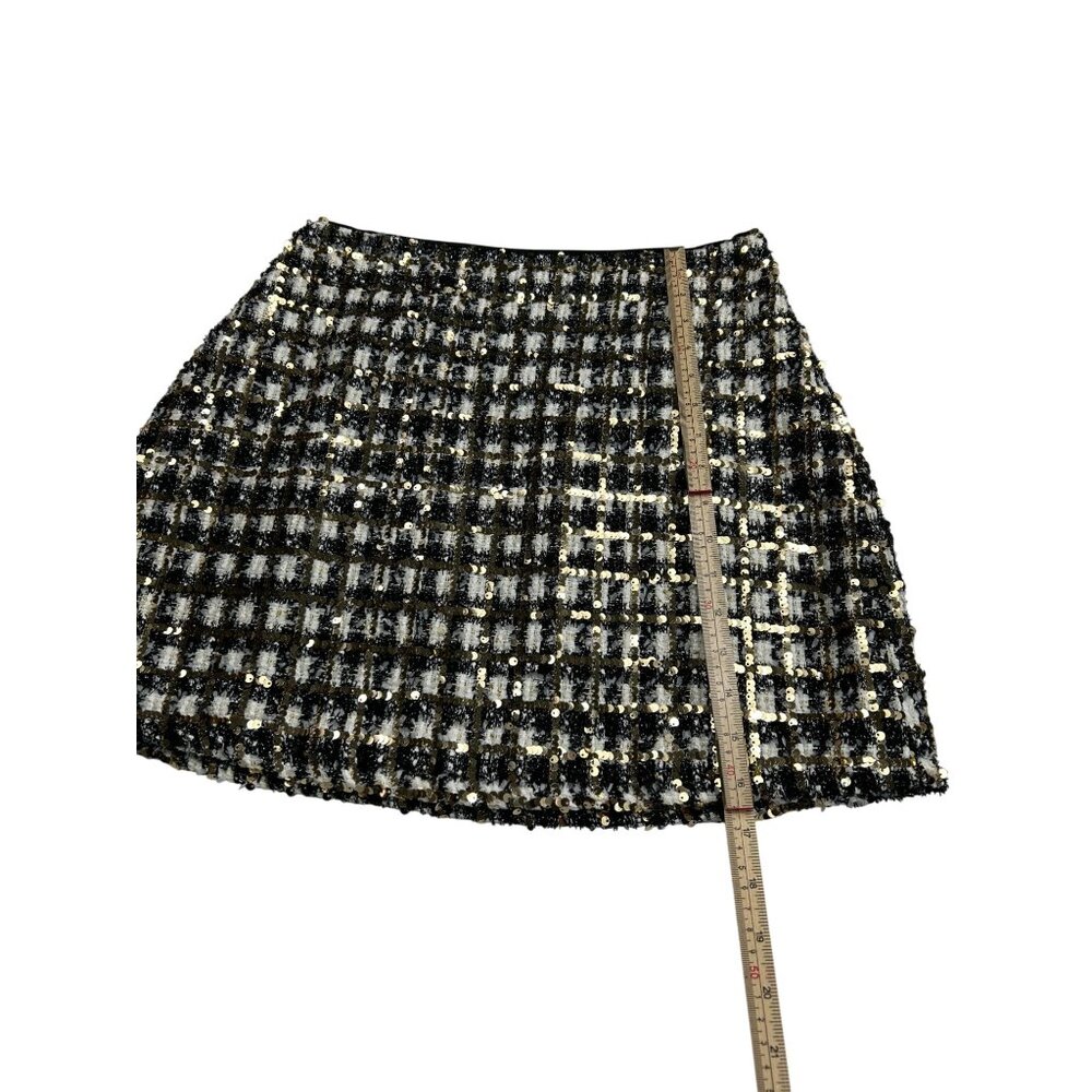 Lulus Black & Gold Sequin Plaid Mini Skirt M Side Zip Polyester Rayon - Picture 5 of 10